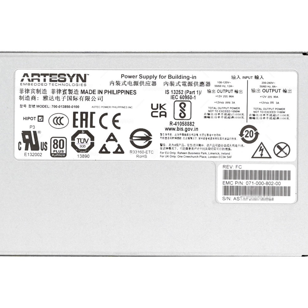 071-000-802-00  EMC 1100W POWER SUPPLY AC DC FOR EMC ISILON A2000